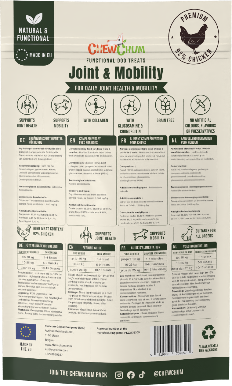 Chicken CHEWCHUM English front · EN / FR / DE / NL back — back of pack